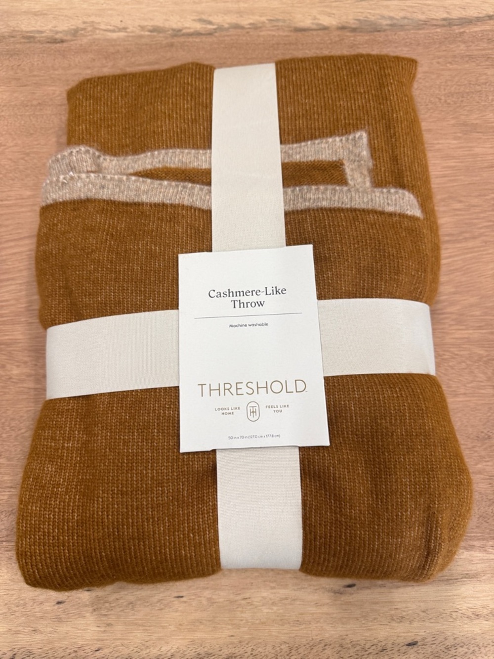 Threshold Cashmere-Like Throw Blanket -‎ Camel with Cream Trim